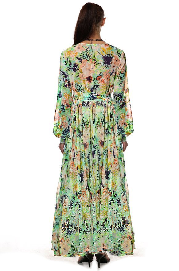 F2440-2 Women Summer Tropical Flower Printed Chiffon Long Sleeve Beach Dress